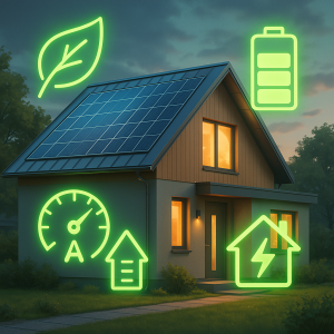 Modern home with solar panels at sunset showing energy efficiency rating, eco-friendly icons, and rising energy savings indicators