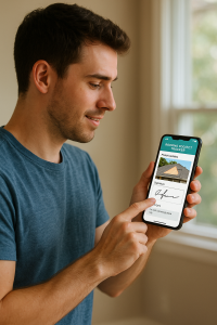 Homeowner using interactive roofing project tracker app to approve completed roof installation with photo updates and digital signature