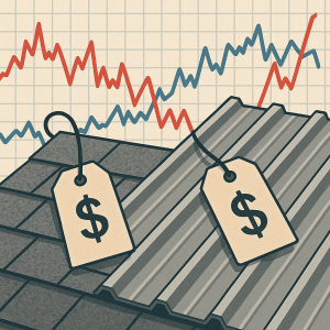 Infographic comparing asphalt shingles and metal panel roofing prices with fluctuating trend lines in the background