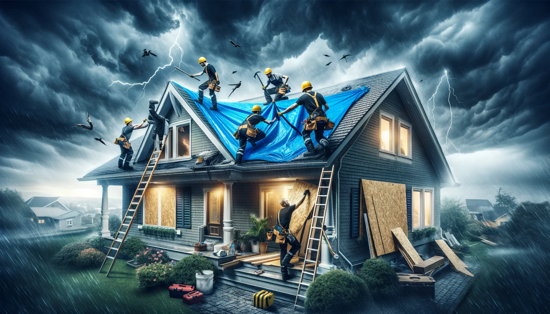 Roofing contractors providing emergency tarping and board-up services to storm-damaged home.