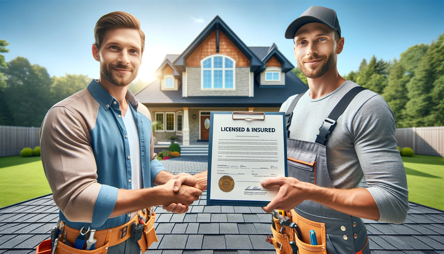 Roofing contractor presenting licensing and insurance documents to homeowner