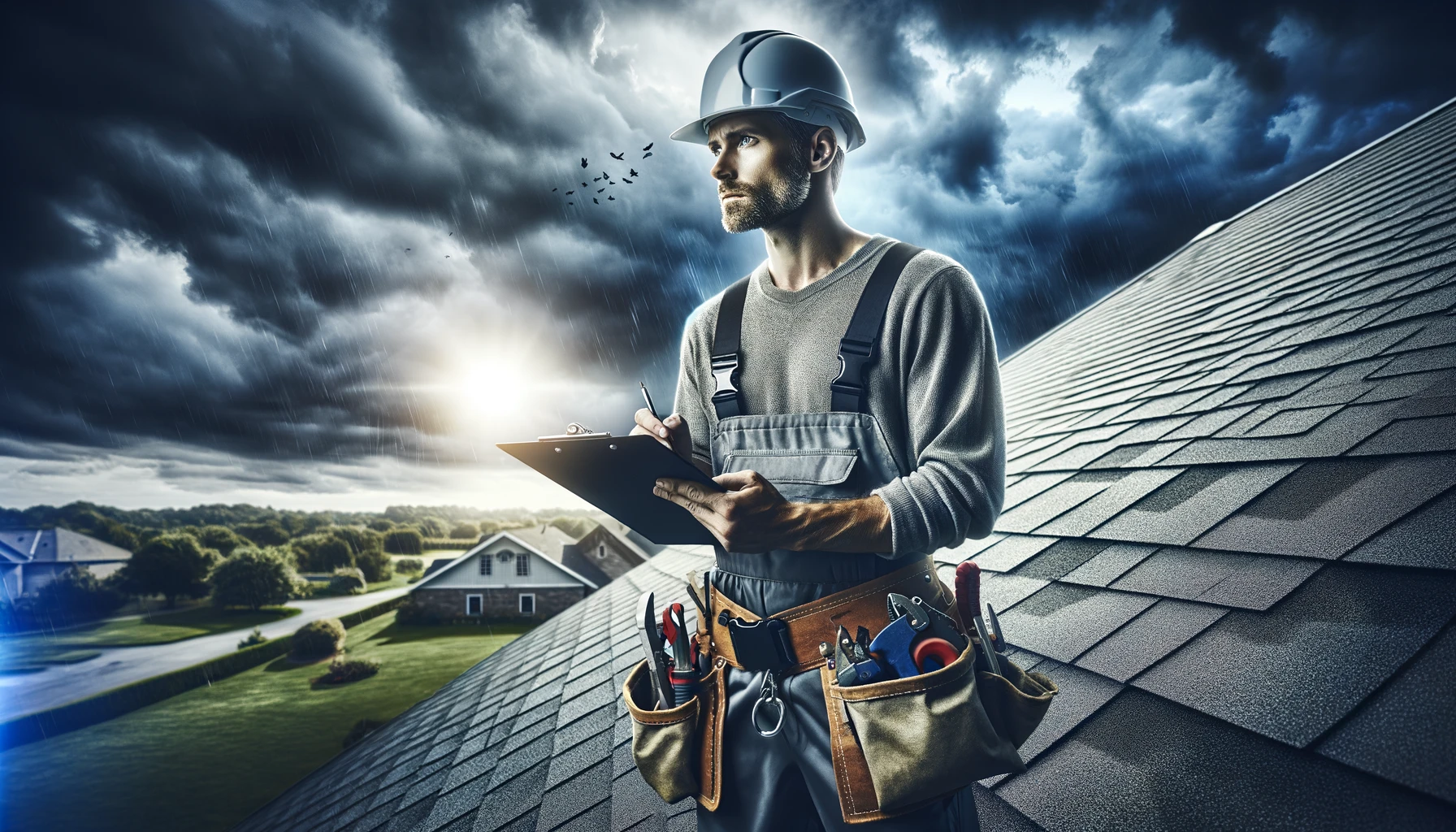 Roofing contractor inspecting a storm-prepared roof against stormy skies
