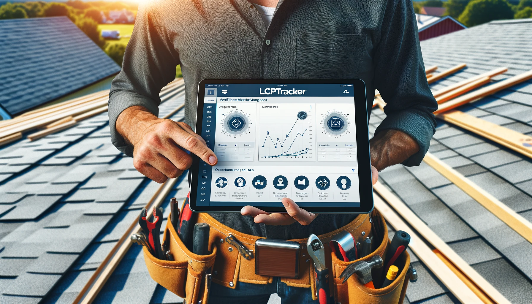 Roofing contractor using LCPtracker software on a tablet at a construction site