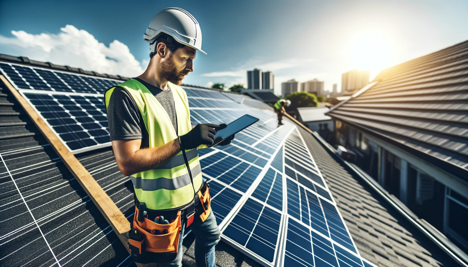 Roofing contractor using advanced digital tools on a solar-paneled roof