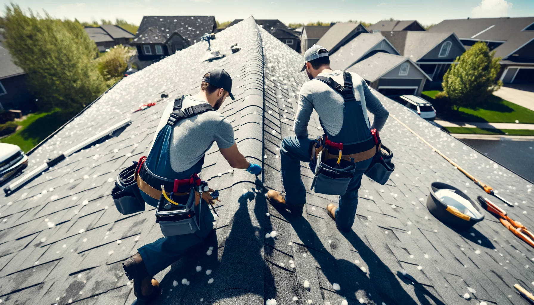 Professional roofing team inspecting hail-damaged roofs in a residential area