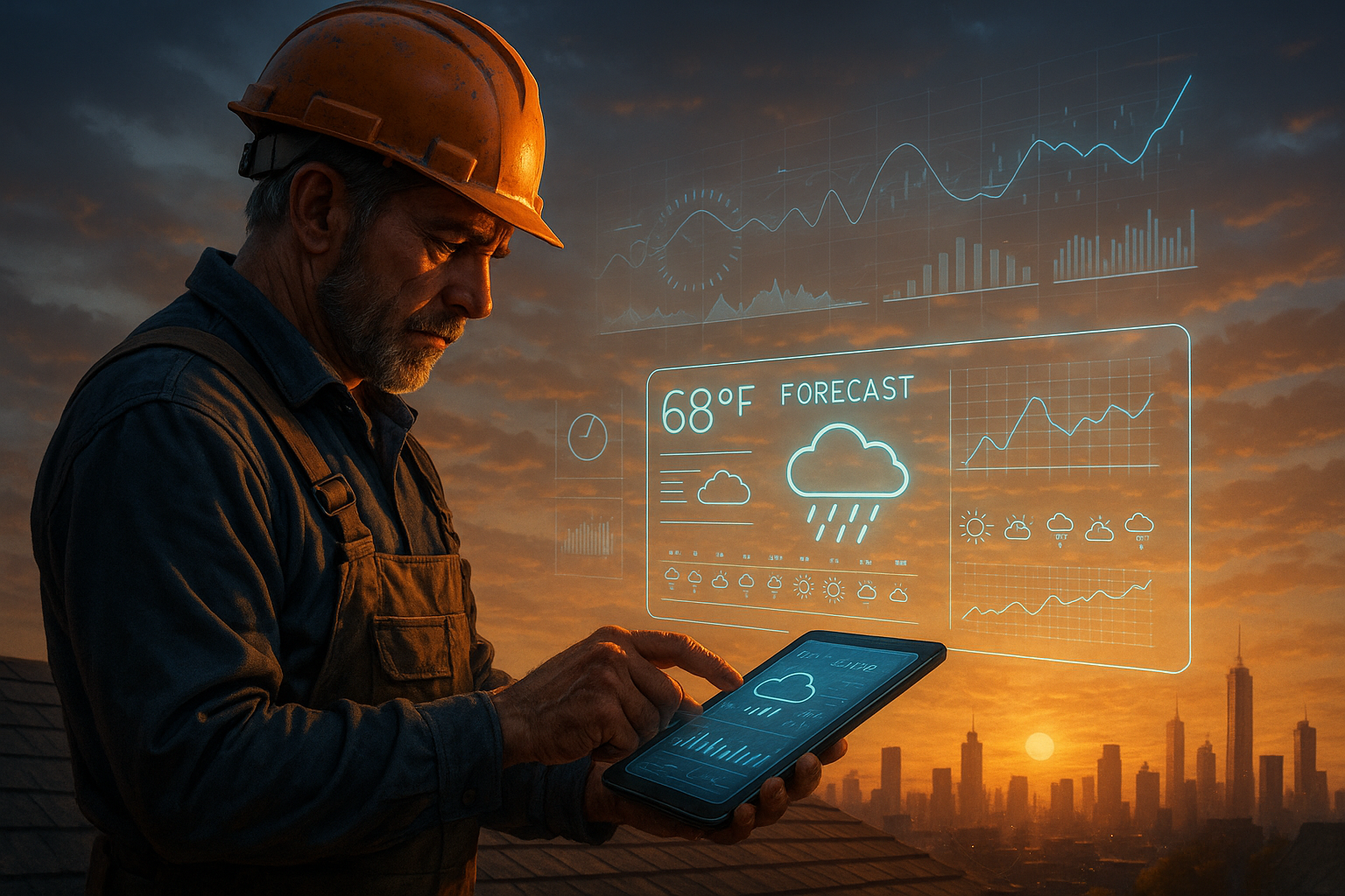 Experienced roofing contractor in safety gear reviewing 2025 weather and industry forecast data on digital tablet at sunset