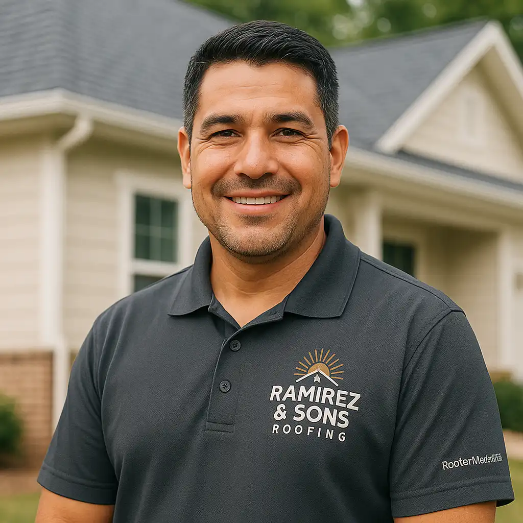 Anthony Ramirez, co-owner of Ramirez & Sons Roofing in Fresno, California, standing in front of a modern home wearing a branded polo shirt.