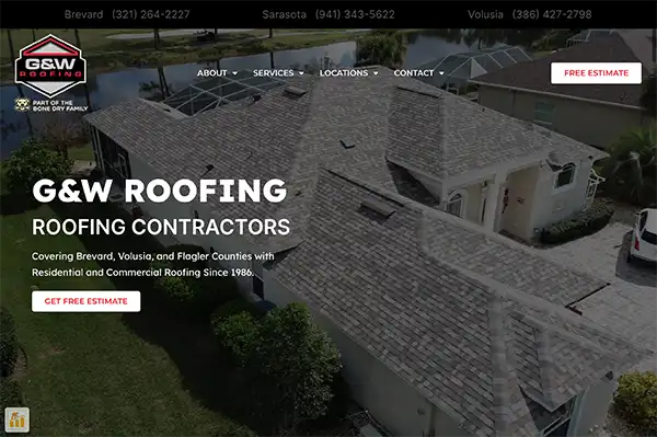 Homepage redesign for G&W Roofing showing aerial view of roofline, modern navigation, and bold service CTA, created by RooferMedia360.