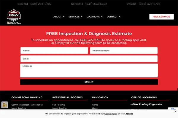 Modern contact form design for G&W Roofing featuring a free inspection and diagnosis estimate CTA, redesigned by RooferMedia360.