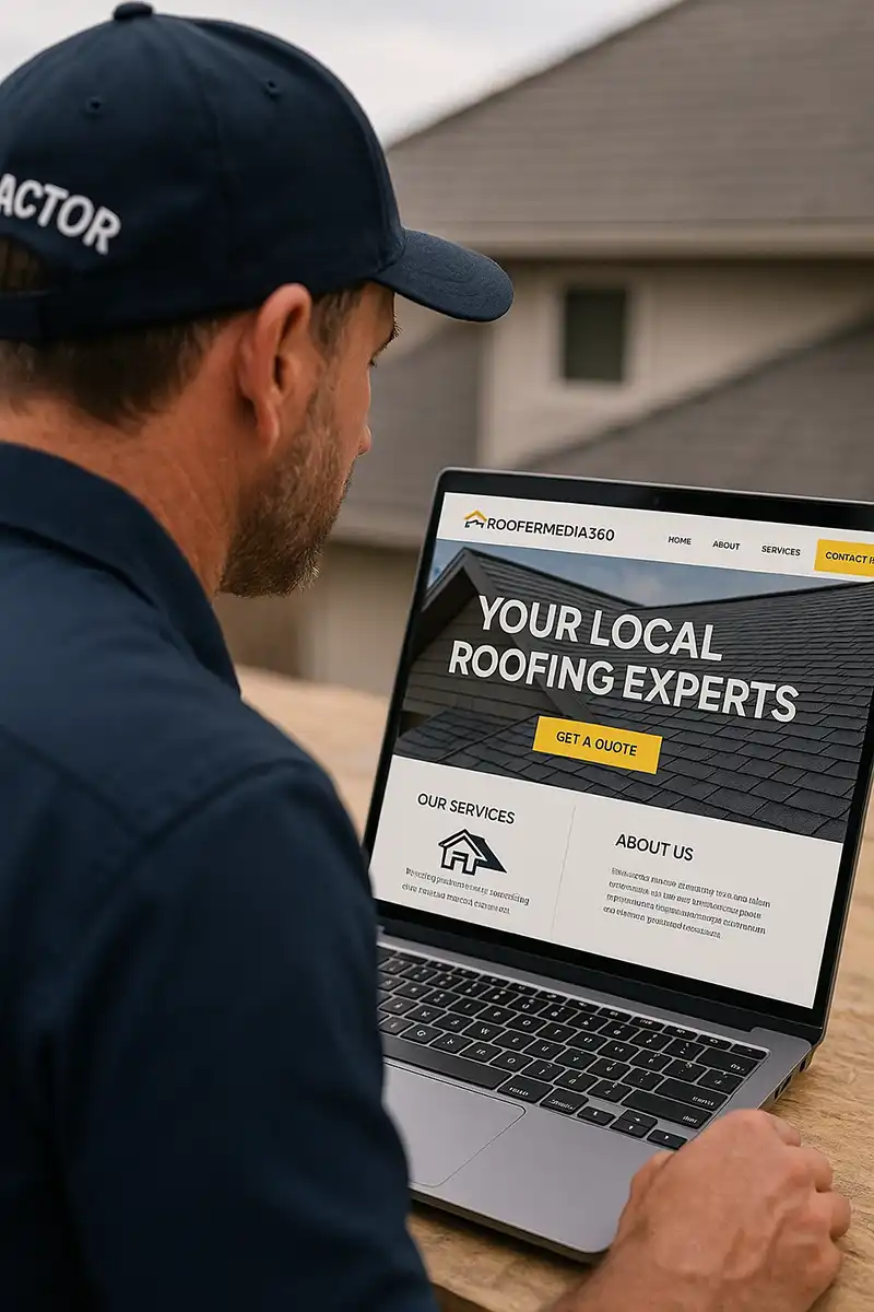 Roofing contractor reviewing a custom homepage design on a laptop created by RooferMedia360, outside a home with visible shingles in the background.
