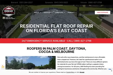 Flat roofing service page for G&W Roofing showcasing 24/7 emergency service banner and regional targeting for Florida’s east coast.