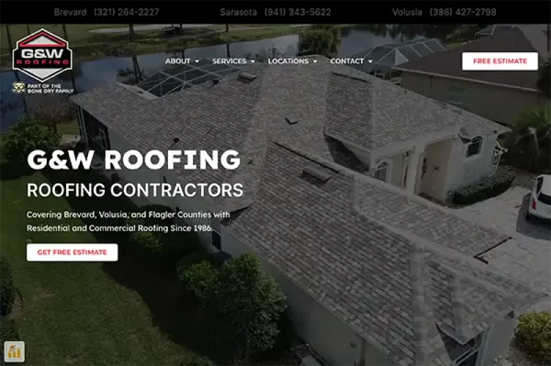 Homepage redesign for G&W Roofing showing aerial view of roofline, modern navigation, and bold service CTA, created by RooferMedia360.