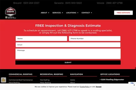 Modern contact form design for G&W Roofing featuring a free inspection and diagnosis estimate CTA, redesigned by RooferMedia360.